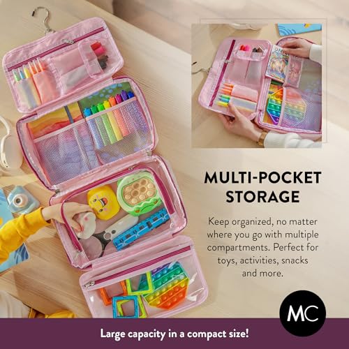 Kids Travel Organizer – Multi-Compartment, Water-Resistant Hanging Bag for Toys, Snacks, & Activities - Compact, Lightweight Design with Hook & Carry Handle - Perfect for Travel Use (Pink, Large) - color: Pink, size: Large