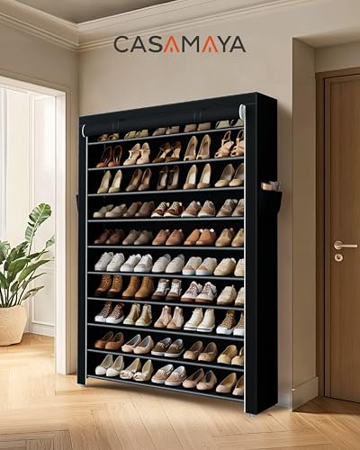CASAMAYA Shoe Rack with Covers, 10 Tiers Tall Shoe Rack Organizer, Large Capacity Shoe Shelf Storage, Hold 50 Pairs of Shoes, Vertical Shoe Storage Organizer for Closet, Entryway, Black, SRT105B01 - size: 37.8"W - 10 Tier
