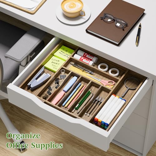 Kiasthome Acacia Wood Kitchen Silverware Drawer Organizer, Expandable Utensil Cutlery Drawer Organizer with Dividers, Flatware Organizer Silverware Tray for Spoon, Fork, 13''-20''x16.9'' (7-9 Slots) - size: 9 Slots Expandable