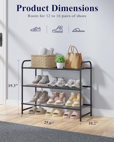 Kitsure Shoe Rack - Stainless Steel Shoe Organizer, Sturdy Shoe Rack for Closet and Front Door Entrance, Free Standing Shoe Shelf, Closet Organizers and Storage, 25.6" Wide - 3 Tier, Black - color: Black, size: 25.6" Wide - 3 Tier