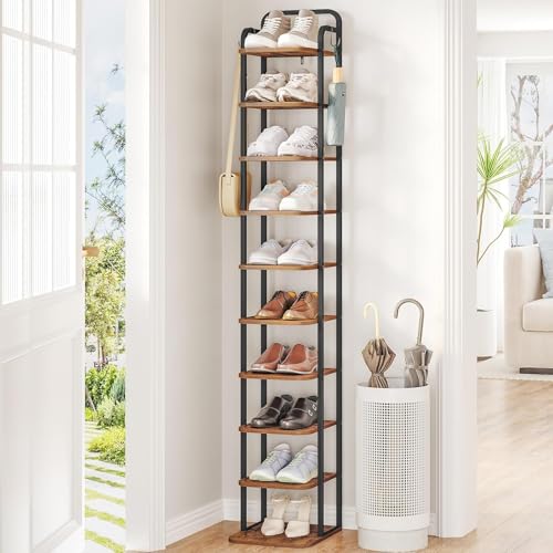 Hzuaneri 10 Tiers Vertical Shoe Rack, Narrow Shoe Tower, Tall Shoes Shelf with 2 Hooks, Adjustable Shelves, Corner Shoes Shelves for Small Spaces, Entryway, Living Room, Rustic Brown SR11201B - color: Rustic Brown and Black, size: 10 Tier(11.8"D x 10.4"W