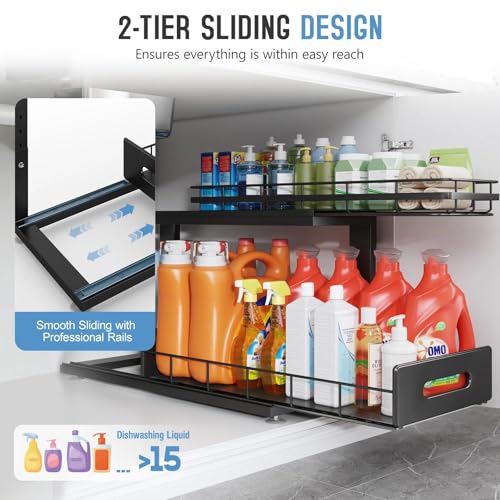 Under Sink Organizer Upgrade To Professional Rails,2-Tier Dual Pull Out Cabinet Storage,Height Adjustable Slide Out Drawers For Bathroom Kitchen,1 Pack-21"Dx12.8"-16.9"H,Black - color: Black, size: 1 Pack-21"Dx12.8"-16.9"H