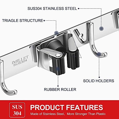 IMILLET 2 Pack Broom and Mop Holder Wall Mounted, Stainless Steel Broom Holder Mop Holder Self Adhesive Heavy Duty Hooks Storage Organizer for Home Laundry Room Garden Garage Closet Kitchen - color: 3 Racks with 4 Hooks, size: 2 Pack