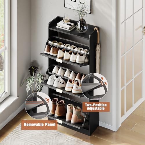 Black Fluted Shoe Cabinet with 3 Flip Drawers, Narrow Shoe Storage Cabinet for Entryway, Freestanding Shoes Rack Organizer Cabinets with Adjustable Shelves for Entryway, Hallway - color: Black, size: 3-Drawers