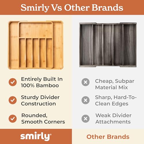 SMIRLY Silverware Drawer Organizer – Bamboo Kitchen Drawer Organizer, Adjustable Utensil Holder and Cutlery Tray, Drawer Dividers for Flatware and Kitchen Utensils | Adjustable, Drawer Dividers, Flatware, Kitchen Utensils - size: 8 Slot