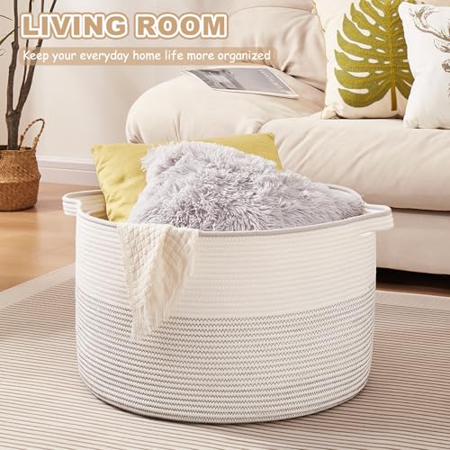OIASKET Large Blanket Basket with Handles, 22.8" x 22.8" x 13" Woven Storage Basket for Living Room, Cotton Rope Baby Toy Storage for Clothes, Pillows, Towels-Black and White - color: Black & White, size: 90L
