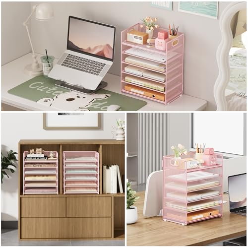 Subekyu 6-Tier Desk Paper Organizer, Desktop File Letter Tray with Handle, Document Sorter and Accessories Holder for Office, Home and School Workspace Organizers, Pink-2 Pack - color: 2 Pack 6-tier - Pink