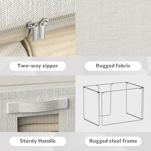 FHSQX 6 Pack Clothes Storage Bins with Metal Frame 100L Foldable Storage Bins for Clothes Linen Fabric Storage Box with Clear Window (Lvory White, 23.6x16.5x15.7inch(100L)) - color: Lvory White, size: 23.6x16.5x15.7inch(100L)