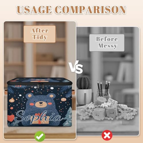 Custom Storage Basket with Name, Personalized Storage Bins with Zipper Lid, Foldable Fabric Storage Box Large capacity with Handle Tree Bear - color: Option 13
