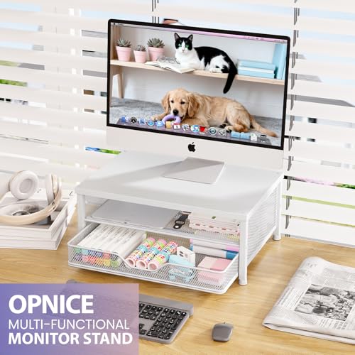 OPNICE Computer Monitor Stand Riser, Desk Organizer with Drawer, Printer & Laptop Stand, Office Desk Accessories & Workspace Desktop Organizers Storage for Office Supplies(White) - color: White