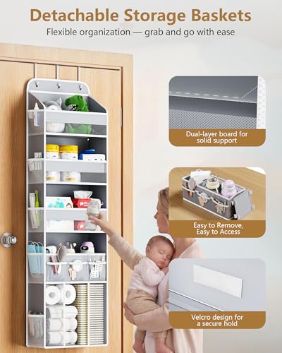 OneDream Over the Door Organizer for Nursery, 5-Tier Baby Clothes Organizer with Removable Storage Caddy, Hanging Behind Door Storage with Clear Pockets and Side Mesh Compartments, Grey - color: Grey