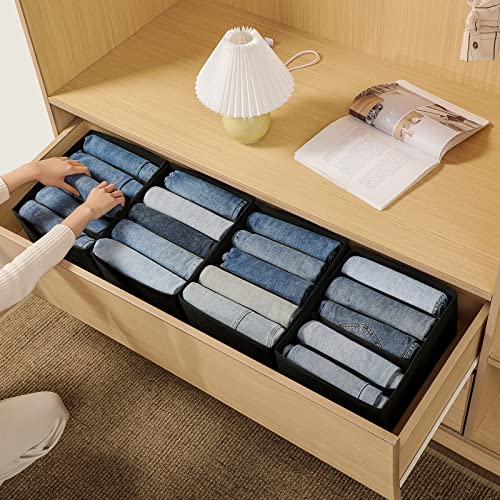Jeans Drawer Organizers for Clothing, 5 Compartment Wardrobe Storage Box, Washable Clothes Organizer for Folded Clothes, Jeans, Pants, Leggings, t-shirts(Black) - color: Black