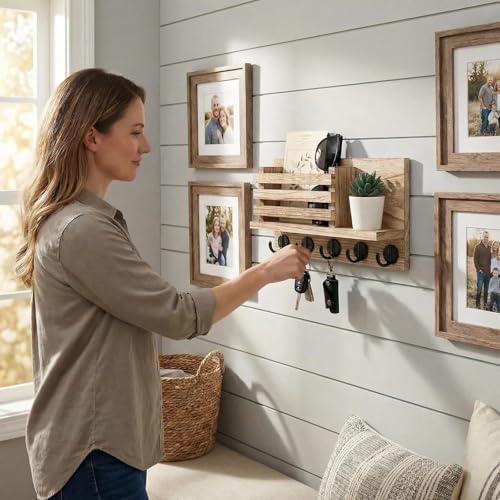 Wall Key and Mail Holder, Mail Organizer with 5 Metal Key Hooks, Selected Tung Wood, 11.8 x 6.7 inches, Includes mounting Hardware (Light Burn Color) - color: Light burn color