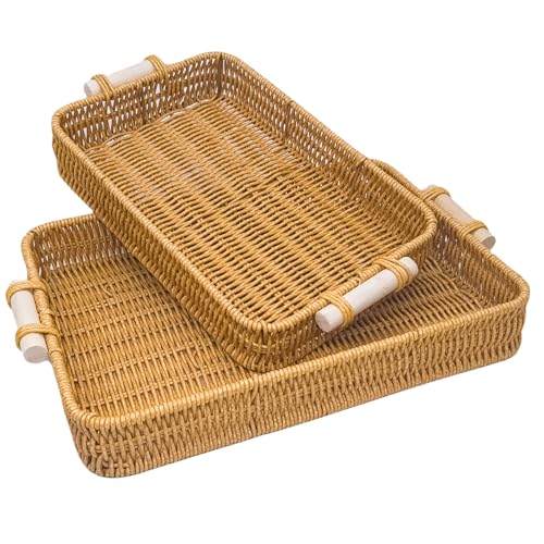 GIB Woven Baskets Serving Trays with Handle, Small Rectangle PP Wicker Rattan Trays Bread Basket for Serving Food, Vegetables, Breakfast, Coffee Table Decor, 14" & 12", Set of 2 - color: Rectangular - Set of 2