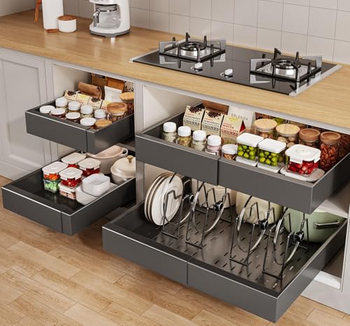 Seinloes 4 Pack Pull out Cabinet Organizer 21"Deep with Raising Pad for Framed Cabinets, Expandable Slide out Drawers for Kitchen Cabinets with 4pcs Divider Racks, Roll out Shelves 12.1"-20.4" W Black - color: Black, size: 12.1"-20.4"W x 21"D(4Pack)