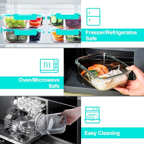 VERONES 5 Pack Glass Meal Prep Containers 2 Compartment Set, 36OZ Airtight Glass Lunch Containers, Glass Food Storage Containers with Lids, for Microwave, Oven, Freezer & Dishwasher Friendly,Green - color: Green