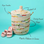 Small Hamper, Colorful Pattern on White, 12" Wide, 14" Tall - size: Small