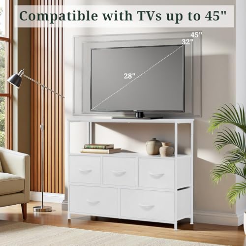 TV Stand, 5 Fabric Drawers Dresser Entertainment Center for TV up to 45 inch Wooden Media Console Table Storage Organizer with Open Shelf, for Living Room, Bedroom, or Small Space, White - color: White, size: 5 Drawers