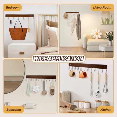 UNIFUN Wall Mounted Key Hooks, 12 Hook Organizer Rack for Entryway, Kitchen, Bathroom, Heavy Duty Key Holder Hanger, Brown Wood Finish, 2 Pack - size: 2 Pack
