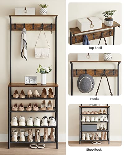 VASAGLE Hall Tree with Shoe Bench, Coat Rack Shoe Bench, 5-Tier Shoe Rack Different Heights, 5 Dual Hooks, Top Shelf, Entryway Organizer, Hallway Bedroom Dorm, Rustic Brown and Black UHSR412B01 - size: 26.8”W