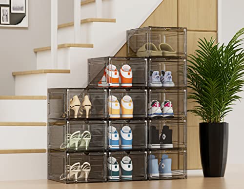 HOMIDEC Shoe Storage, 6 Pack Shoe Organizer Hard Plastic Shoe Box, Shoe Boxes Clear Plastic Stackable, Shoe Boxes with Lids for Size 13, Clear Smoke - color: Clear Smoke, size: 6