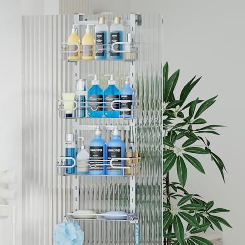 Consumest Over The Door Shower Caddy - 4 Tier Adjustable Hanging Shower Organizer Shelf with 2 Soap Holders & 22 Hooks, Rustproof Easy Installation Hanging Storage Rack for Bathroom, Silver - color: Silver, size: 4-tier