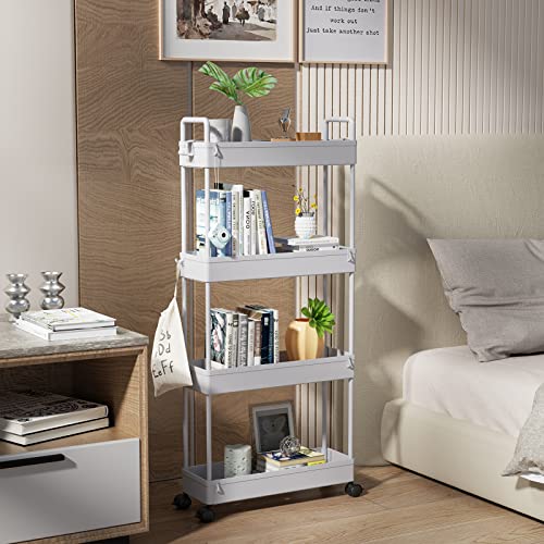 SOLEJAZZ Slim Rolling Storage Cart with Wheels 4 Tier Skinny Bathroom Storage Organizer Narrow Shelf Unit Thin Laundry Room Utility Cart for Bedside Kitchen Office Next to Fridge Small Places, Gray - color: Grey, size: 4-Tier, 4.76"D