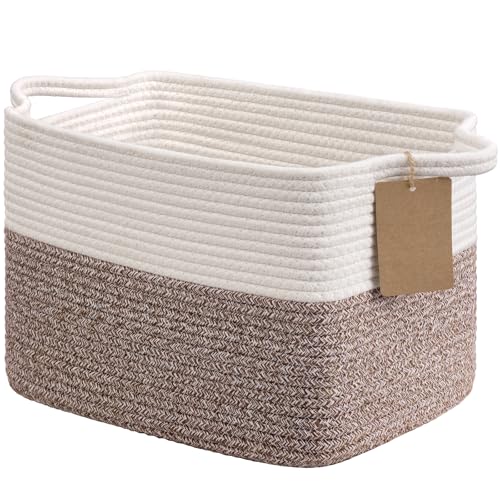 Goodpick Woven Storage Basket, Cotton Rope Baskets for Toys, Books, Small Baby Laundry Baskets with Handles, Rectangle Dog Toy Basket for Living Room, 13 x 10 x 9 Inches - color: Brown, size: 13"L x 10"W x 9"H