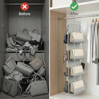 4-Pack Hanging Purse Organizer for Closet, Purse Storage Holder with 8 Clear PVC Pockets, Space Saving Handbag Hanger for Wardrobe Door Wall, Foldable Non-Woven Fabric, Gray