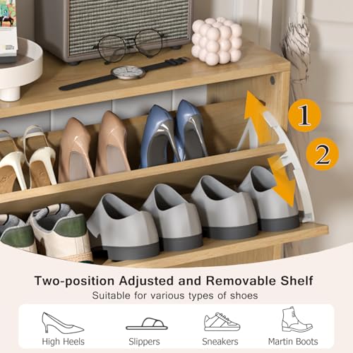 Fsbecl Shoe Storage Cabinet for Entryway with 2 Flip Drawers, Narrow Wood Shoe Cabinet with Fluted Panel, Freestanding Hidden Shoe Organizer for Foyer, Hallway (Wood Color) - color: Wood Color - With Shelf