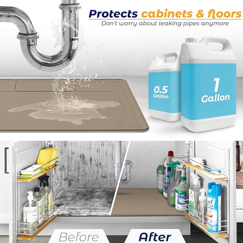 The Original Under Sink Mat - Silicone Waterproof mat, Adjustable, Easy to Clean, Kitchen cabinet liner, Disifenction Surface - 31" x 22" or smaller (Brown, 31" x 22") - color: Brown, size: 31" x 22"