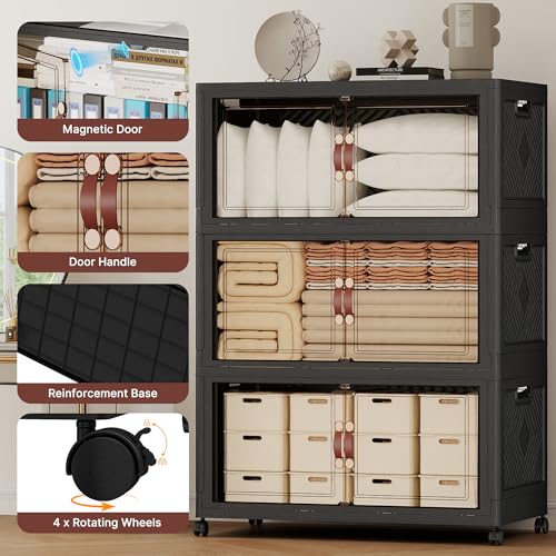 480QT Extra Large Stackable Storage Bins with Lids & Wheels & Door, 120Gal Foldable Collapsible Closet Organizers, Plastic containers drawers for bedroom Dorm - color: Black
