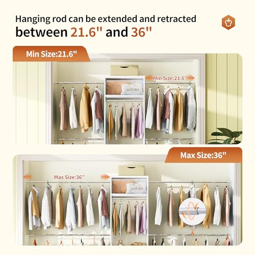 79"H Closet System, 2-8.2FT Metal Closet Organizer with 4 Expandable Hanging Rods, Walk In Closet Organizers and Storage, Clothes Closet with 5 Hanging Zones, 2 Drawers, 2 Shelving Towers