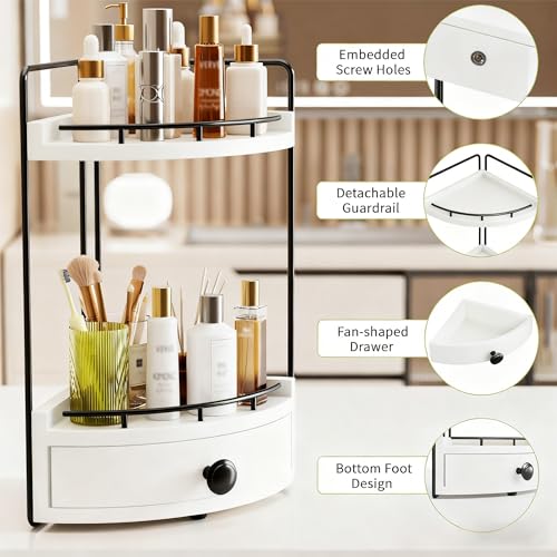 2-Tier Corner Bathroom Counter Organizer with Drawer & Embedded Screw Holes - Wooden Countertop Organizers for Skincare, Makeup Storage, Bathroom Sink Counter Shelf for Vanity, White - color: White