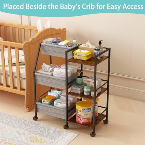 Baby Diaper Caddy Organizer Cart, 3-Tier Rolling Wheels Cart with Dividers and Shelves, Bedside Utility Cart for Nursery Essentials, Large Capacity Mobile Storage Cart for Crib, Bedroom - color: Grey