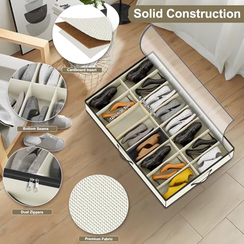 homyfort 32 Pairs Shoe Organizer Under Bed, Sturdy Underbed Shoe Storage Boxes Bins, Organizador De Zapatos, Extra Large Zapateras Organizer, Beige, Set of 2 - color: 2 Shoes (16+16 Cells) Oxford Beige, style: 32 Pairs Shoes