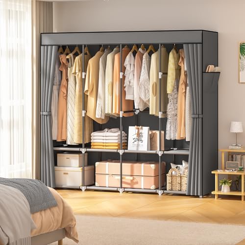 Neatrays Portable Closet, 66 Inch Large Capacity Wardrobe for Closet Organizers and Storage with Non-Woven Fabric Cover, 4 Hanging Rods, 8 Shelves(Grey) - color: Grey, size: 4 Row - 67"Wide