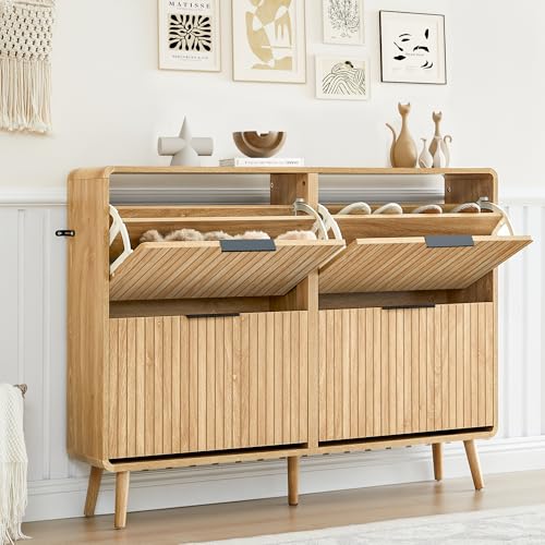 FurSch 47" Fluted Large Shoe Cabinet with 4 Flip Drawers, Slim Freestanding Shoe Cabinet Organizer, Narrow Shoes Storage Rack for Entryway, 5 Sturdy Legs (All Natural, 9.45" D x 47.24" W x 35.83" H) - color: All Natural, size: 4 Drawers