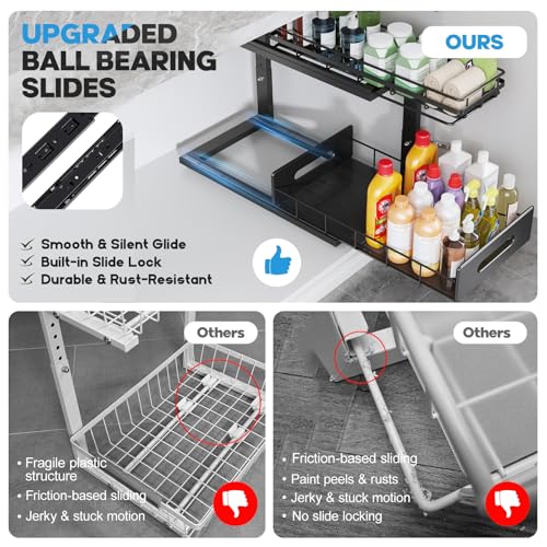 Under Sink Organizer Upgrade To Professional Rails,2-Tier Dual Pull Out Cabinet Storage,Height Adjustable Slide Out Drawers For Bathroom Kitchen,2 Pack-18.5"Dx12.8"-16.9"H,Black - color: Black, size: 2 Pack-18.5"Dx12.8"-16.9"H