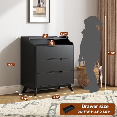 3 Drawer Dressers for Bedroom, 32" Large Wood Dresser w/Charging Station, Open Shelf Top, Pre-Installed Slides, Wide Modern Dressers with 3 Drawer Storage Organizer for Bedroom Living Room, Black - color: Black, size: 16"D x 32"W x 35"H (3 Drawers)