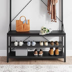 IDEALHOUSE Coat Rack Shoe Bench Industrial Hall Tree Storage Bench for Entryway Wood Look Accent Large Shoe Rack with Storage Shelf Hanging Bar,8 Hooks Grey 39.9"x15.7"x72" - color: Black