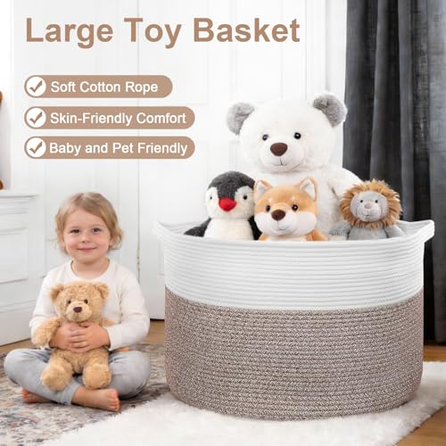 XXXL Large Laundry Basket, 105L Soft Cotton Rope Basket, Blanket Storage and Organizers, Baby Nursery Laundry Hamper, Extra Large Toys Storage Bins for Kids 23.6'' x 14.6'', White & Brown - color: Brown & White, size: 105L