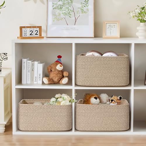 3 Pack Large Storage Basket for Organizing, 17.5"x13"x7" Woven Basket for Shelves, Closet Cube Storage Bins with Wrapped Handle, Cotton Rope Baskets for Kitchen, Clothes, Toys(Natural)) - color: Natural, size: 3 Pack
