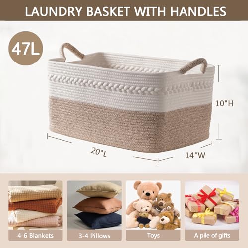 Decorative laundry basket with handles woven from natural cotton rope storage blankets for living room cute boho quilted gift baskets for clothes pillows toys 20"x14"x10",white/brown - color: white/Brown, size: 47L 20"x14"x10"