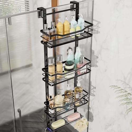 SWTYMIKI Over the Door Shower Caddy - 4 Tier Adjustable Shower Organizer Hanging with Soap Holder, No Drilling Stainless Steel Bathroom Rack Hanging for Body Wash, Shampoo, Soap, Razor, Black - color: Black-4 Tier