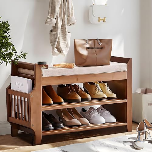 PETKABOO 2 Tier Shoe Bench, Bamboo Shoe Rack Bench, Shoe Storage Bench Organizer for Entryway Hallway Living Room - size: 31.5 in