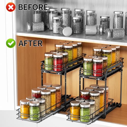 RCHYFEED Spice Organization for Cabinet, 2 Tier Pull Out Spice Rack for Seasoning Organizer, Height Adjustable Heavy Duty Metal Basket for Inside Cabinets & Pantry Closet(5.5" Wx10.5 Dx9.5 H) - size: 2 Tier-5.5''Wx10.5''Dx9.5''H