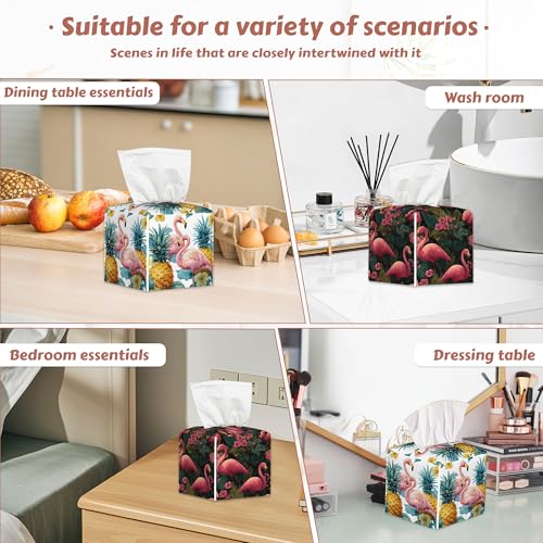 2 Pcs Flamingo Palm Leaf Tissue Box Cover Leather Tissue Box Holder Square Facial Paper Organizer Dispenser for Bedroom Dresser Night Stand Office Desk - color: Flamingo Palm Leaf