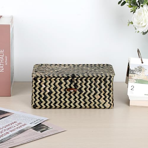 Hipiwe X-small Wicker Basket with Lid Natural Seagrass Storage Baskets Box Handwoven Household Organizer Box Multipurpose Woven Storage Basket for Shelf Closet,Black - color: Black, size: X-Small