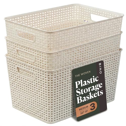 BINO | Plastic Storage Baskets, 22 Liter - 3 Pack, Natural | THE WOVEN COLLECTION | Storage Basket for Shelves | Woven Storage Baskets for Organizing Bins | Pantry Shelf Organizer | Container Bin - color: Natural, size: 22L | 3-Pack